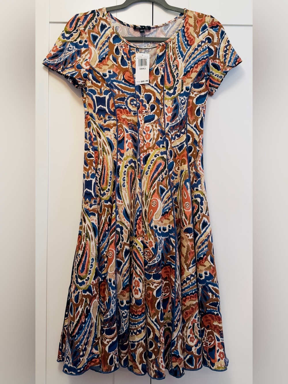 Printed Flare Brown and Blue Dress Women’s Sz SM By Sami & Jo NEW!